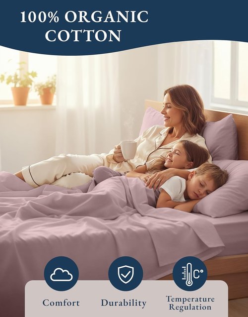 LANE LINEN Queen Size Sheet Set - 100% Organic Cotton, Breathable Percale Weave, Deep Pocket | Lilac, 4 Pc