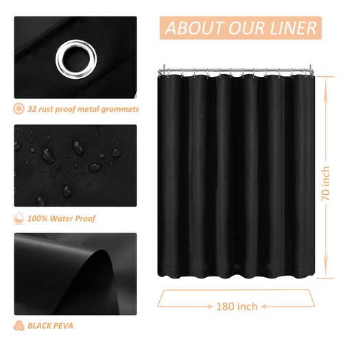 Mrs Awesome Black Clawfoot Tub Shower Curtain or Liner with 12 Magnets - Free 36 Hooks Included, Waterproof PEVA, 180" x 70", Black