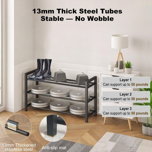 Detsuk 3-Tier Expandable Shoe Rack – Adjustable Heavy-Duty Metal Shoe Organizer Shelf for Closet, Entryway, Mudroom & Garage – Durable Freestanding Storage, Black