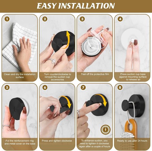 BKV Suction Cup Hooks - Removable Shower Hooks for Glass Windows | 2-Pack Black Metal Towel Hooks