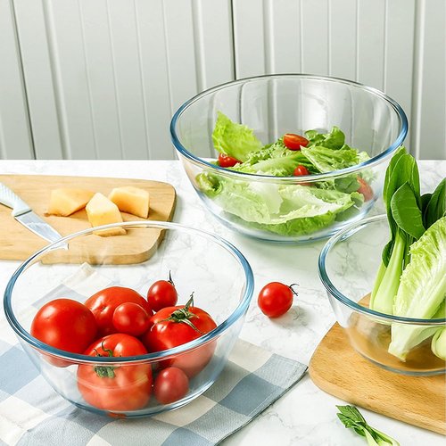 Homwin Glass Mixing Bowl Set - 3-Piece High Borosilicate Bowls for Baking & Serving | Microwave & Dishwasher Safe (1qt, 2.5qt, 4.2qt)