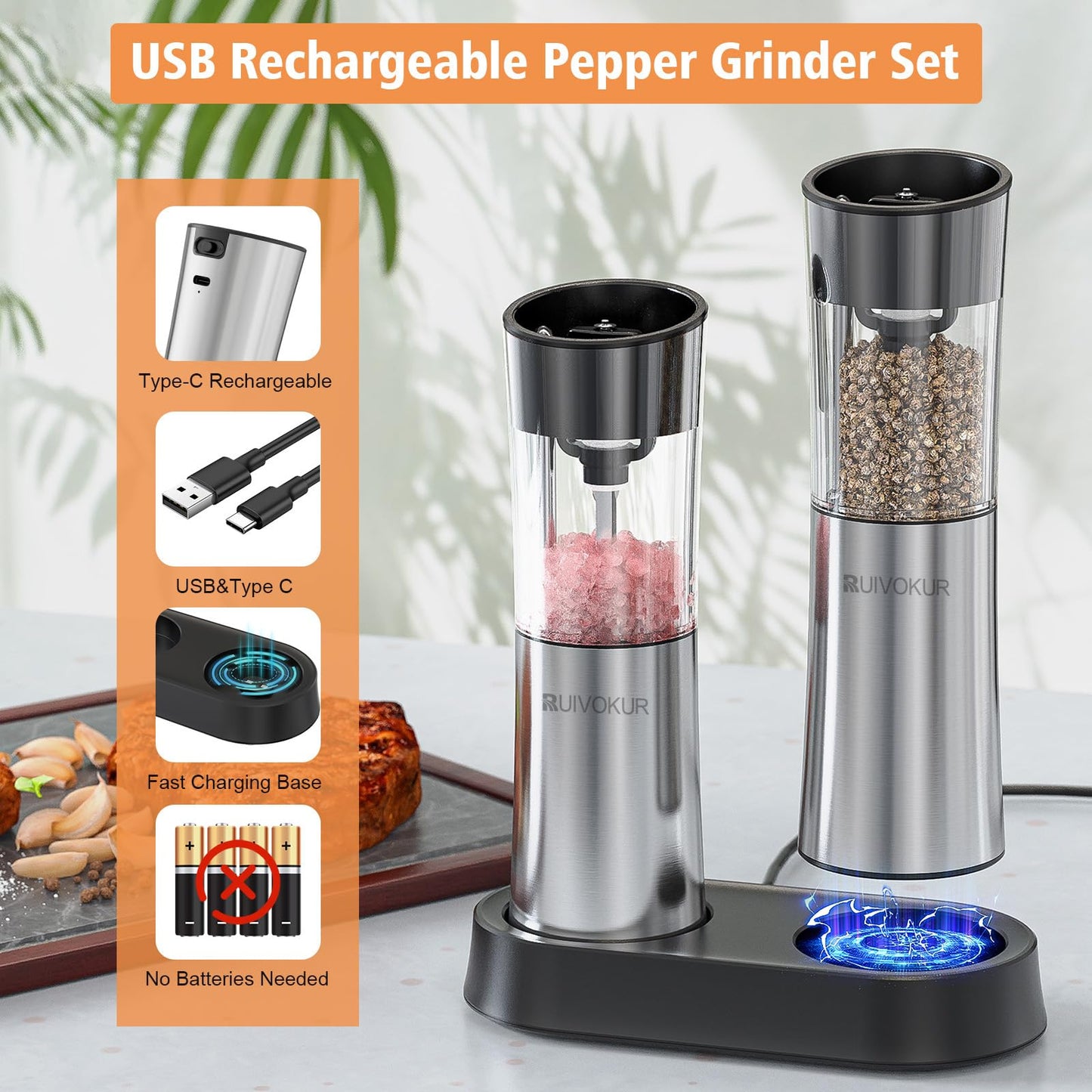 RUIVOKUR Automatic Salt and Pepper Grinder Set, Electric Salt and Pepper Grinder Set Rechargeable with Charging Base, 2 Pack USB Electric Pepper Grinder with Adjustable Coarseness for Kitchen
