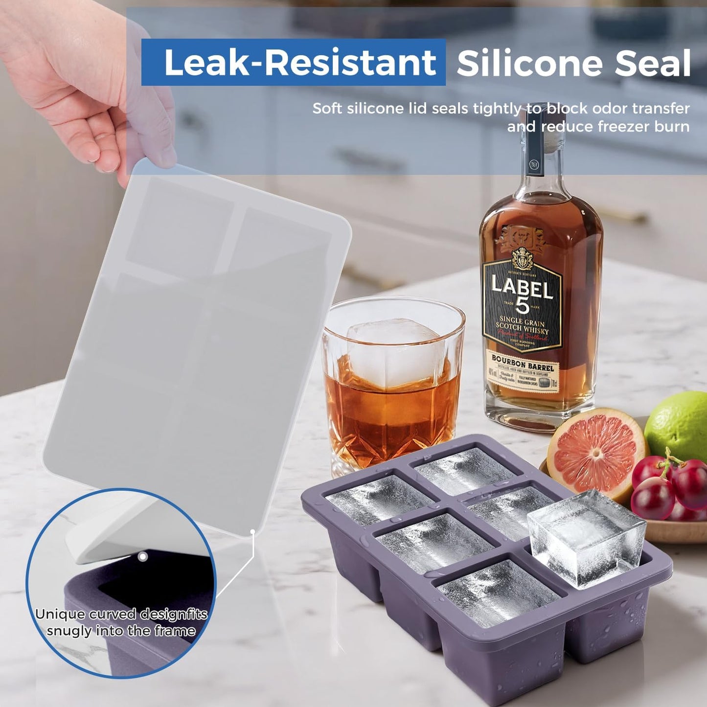Mossime Silicone Ice Cube Tray - 2-Pack Large 2-Inch Whiskey Molds with Lid | Easy Release for Cocktails & Baby Food