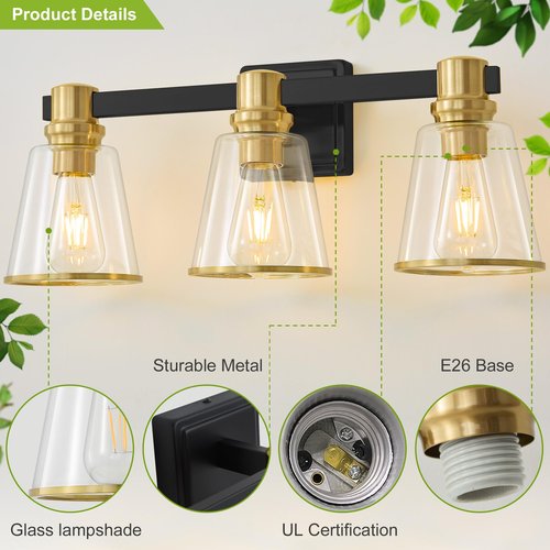 Deyidn Vanity Lights Black Gold Bathroom Light Fixtures Over Mirror, 3 Light Vanity Lighting Fixtures, Mid Century Modern Wall Sconce with Clear Glass Shades for Farmhouse Bedroom