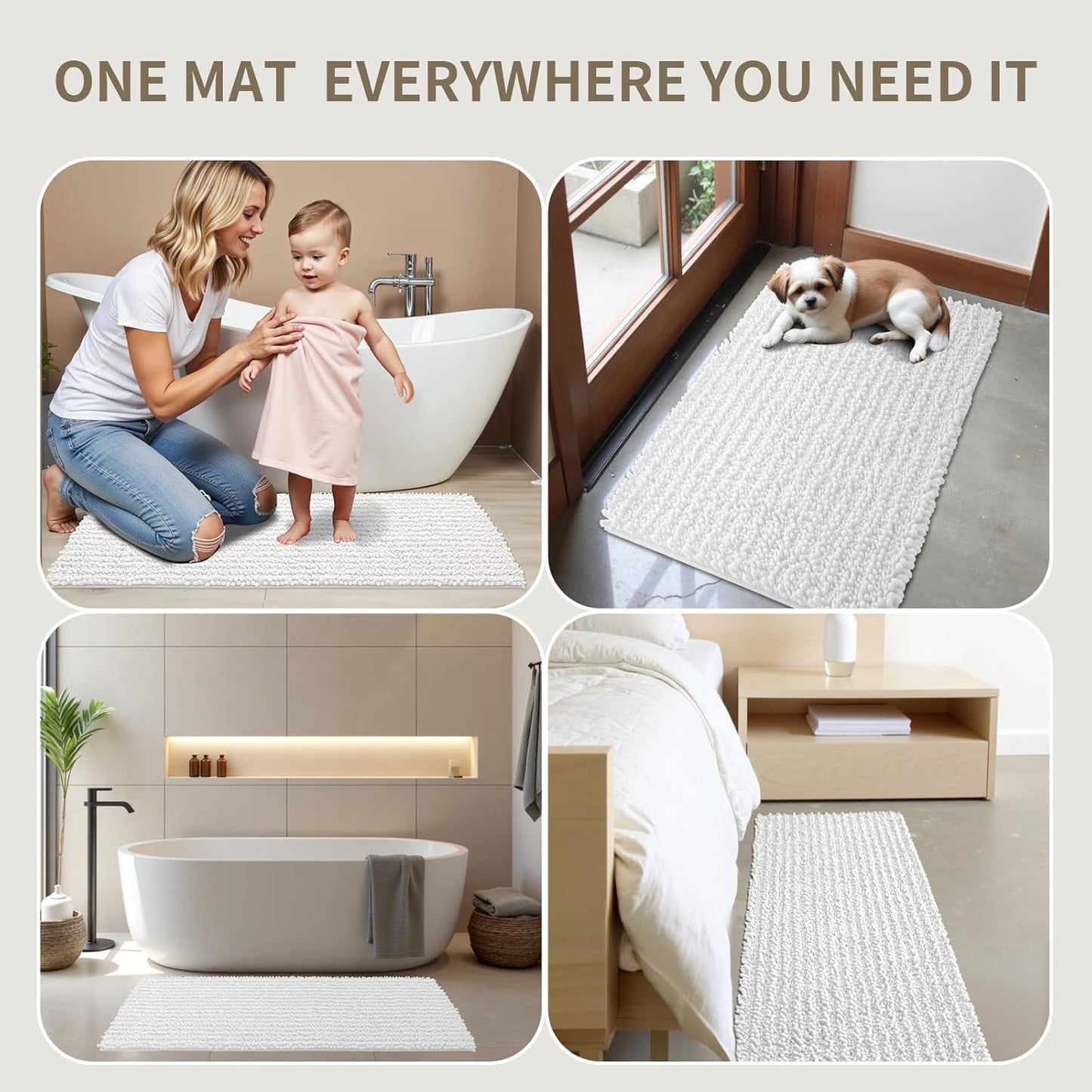 Skiennix Non-Slip Bathroom Rug - Extra Thick Soft Chenille, Quick Dry Plush Shaggy Mat | 32x20, White