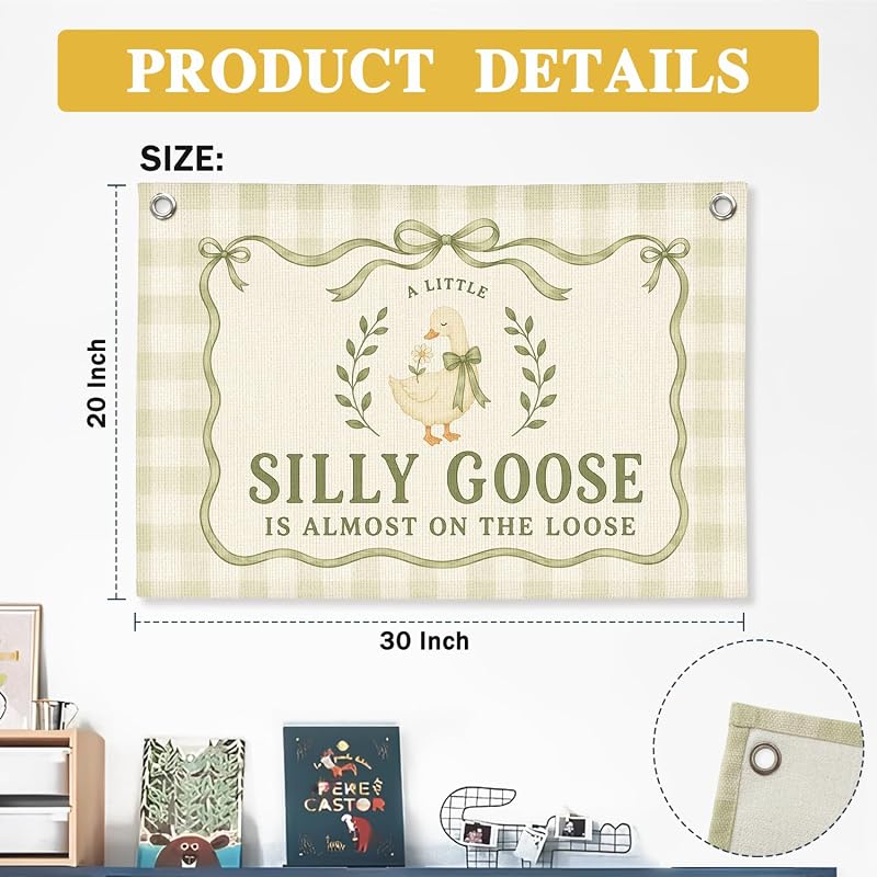 Silly Goose Baby Shower Banner - Nursery Wall Decor 30x20, sily goose green, Linen Canvas