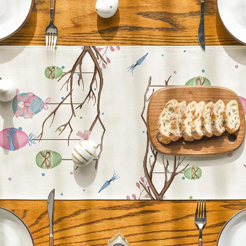 Buffalo Plaid Bunny Easter Table Runner - 13 x 60 inch, Seasonal Spring Decor (Variation: Blue/Pink/Green)