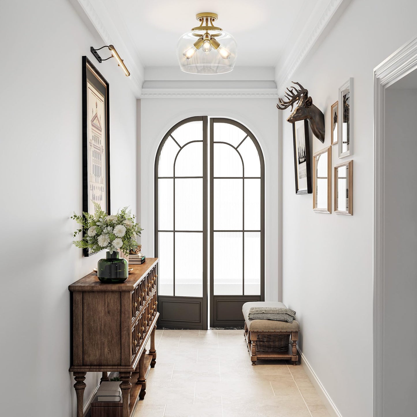 VONLUCE Semi Flush Mount Ceiling Light, 13.8" Ceiling Light Fixture with Clear Glass Shade, E26 Base, 3-Bulb Industrial Ceiling Light for Hallway Entryway Kitchen Bedroom, Brushed Gold