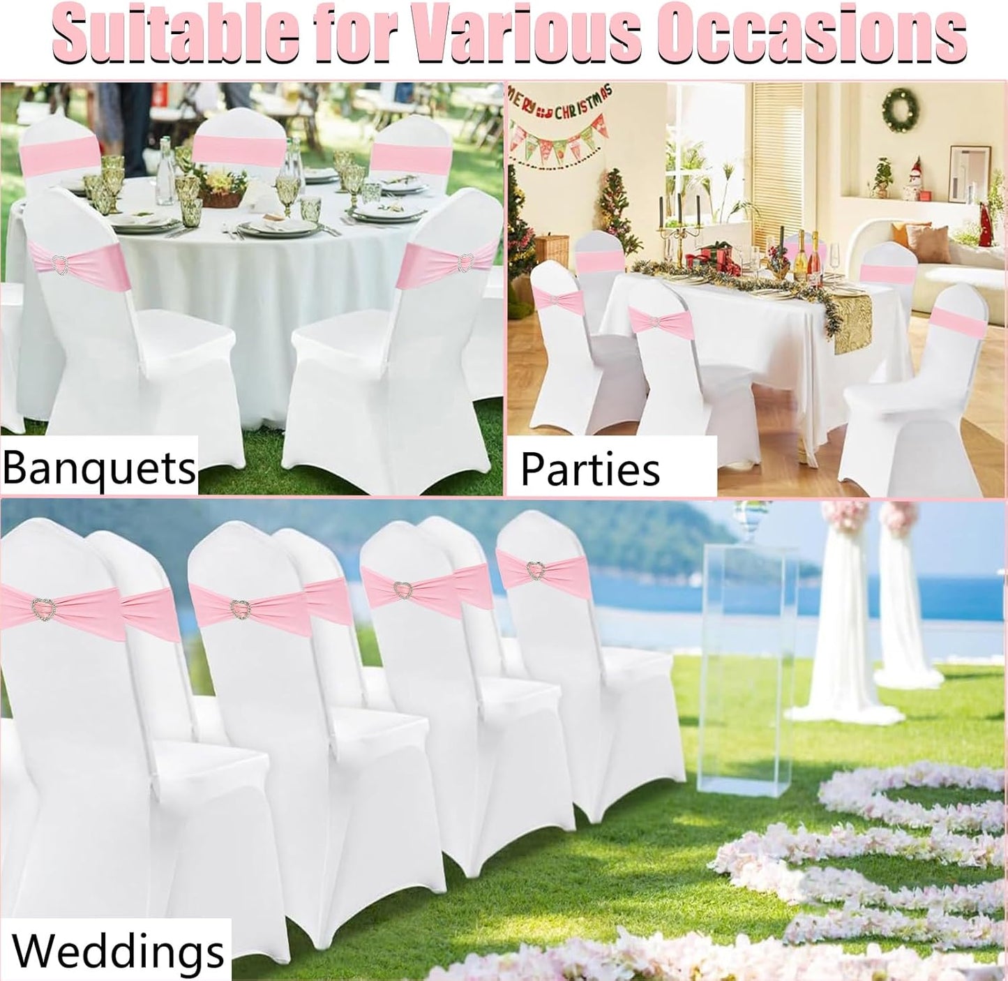 Skiennix Light Pink Chair Sashes - 50Pcs Stretch Covers with Heart Buckle for Weddings & Parties