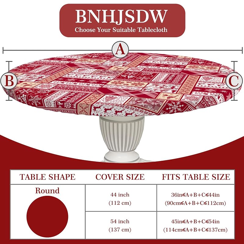 Elastic Round Tablecloth - 36-44 Inch Fit, 44"/54" Diameter, Water-Resistant Fitted Table Cover (Red Xmas Elements+44)