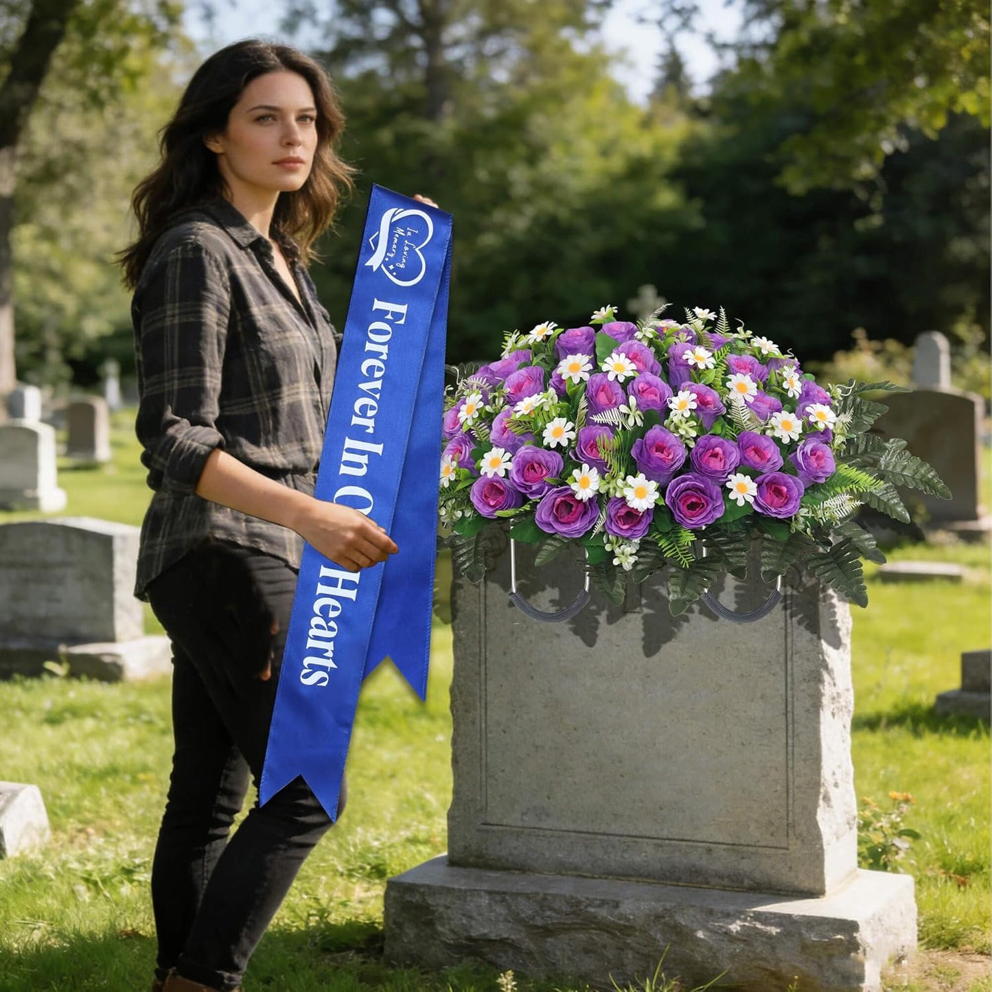 Regine Switzerland Elegant Funeral Wreath Sash - Forever in Our Hearts Memorial Ribbon (Blue)