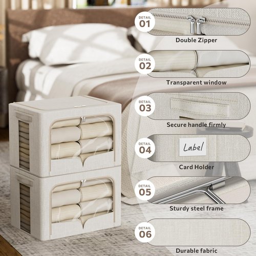FHSQX Foldable Clothes Storage Bins - Stackable Linen Fabric Organizer Set with Clear Window | Beige, 15.7"x11.8"x11.8" (36L)