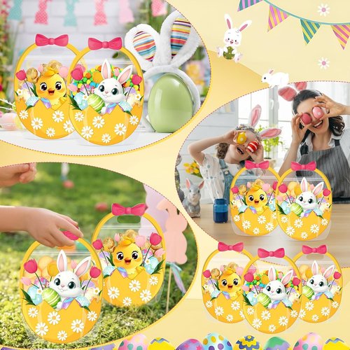 Fuutreo 50 Pcs Easter Gift Bags Transparent Bunny Sealing Pouches with Handles Resealable Happy Easter Plastic Favor Bags for Spring Holiday Party Candy Gift Wrapping Supplies Decor(Chick)