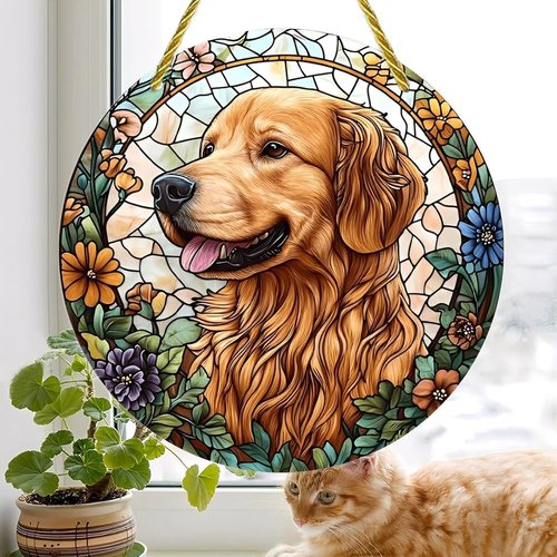 Golden Retriever Acrylic Suncatcher - 7-Inch Floral Stained Glass Window Art Decor | Perfect Gift & Garden Ornament