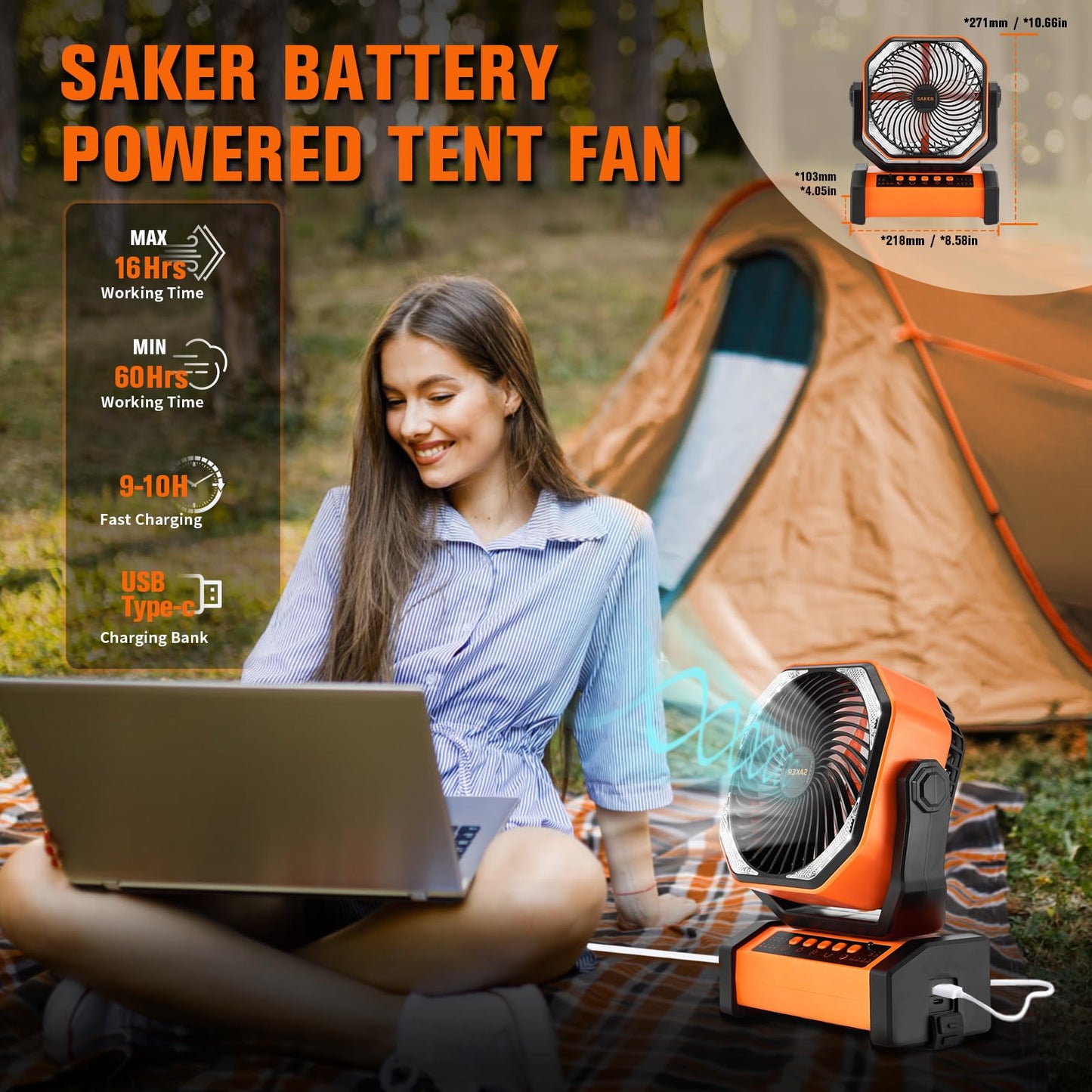 Saker Rechargeable Camping Fan-20000mAh Battery Powered Tent Fans with Hanging Hook,LED Lantern,Auto-Oscillating,Quiet Portable Ceiling Table Fan for Car Travel RV Camp Hurricane Emergency
