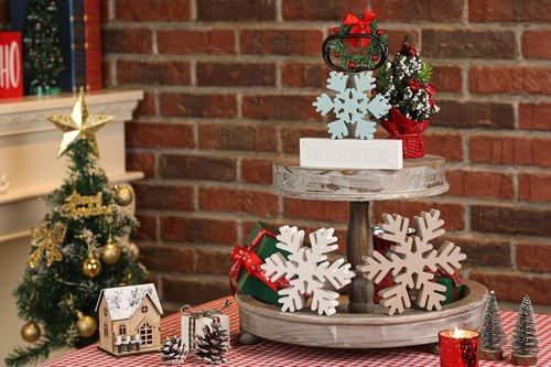 KORMMCO Christmas Snowflake Decor - White Wooden Table Signs | Winter Tiered Tray Decorations (4 Pieces)