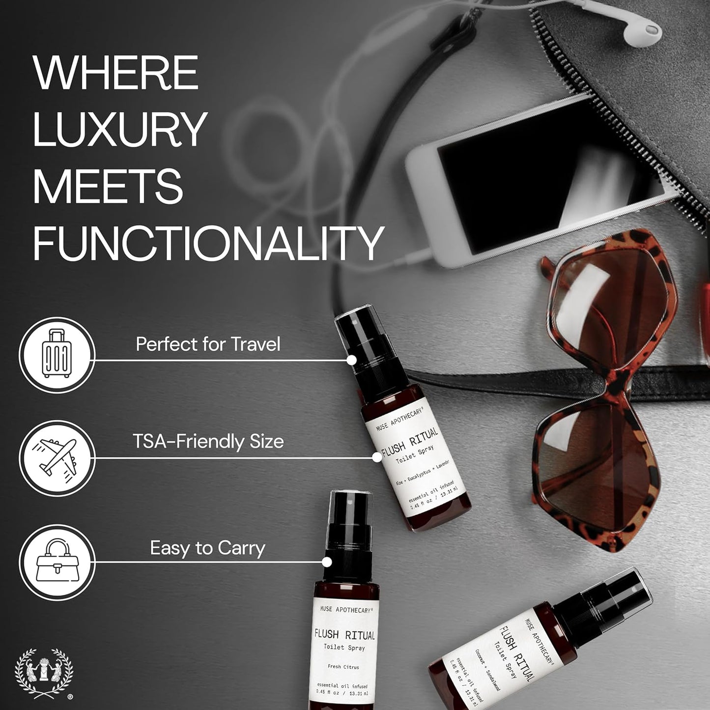 Muse Apothecary Flush Ritual Toilet Spray - Aromatic Essential Oils for Freshness | Aloe, Eucalyptus, Lavender - Travel Size Mini Collection, 0.45 oz, 3 Pack