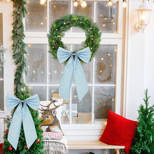 HunnmingRe Christmas Wreath Sash - 24 x 16 Inch Blue & Green Block Print Bow for Indoor/Outdoor Decor
