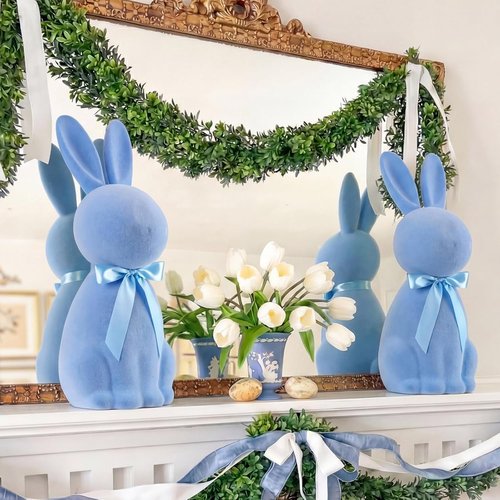 Lineshading Blue Easter Bunny Decoration - 25" Flocked Standing Large Rabbit Figurine for Porch & Lawn Decor