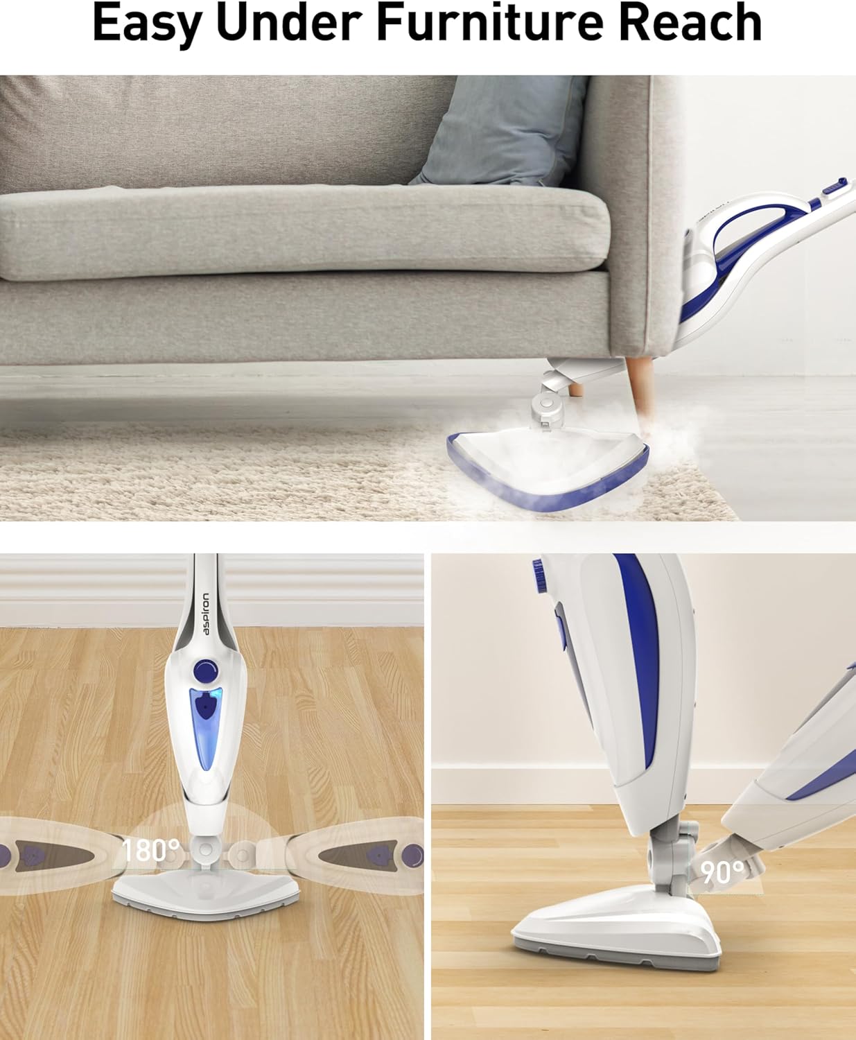 Skiennix 12-in-1 Steam Mop - Fast 15-Sec Heat-Up, 1500W Handheld Cleaner with 2 Dirt Grip Pads | Removes 99.99% Stains on Floors, Clothes, Windows, Tiles, Furniture - White