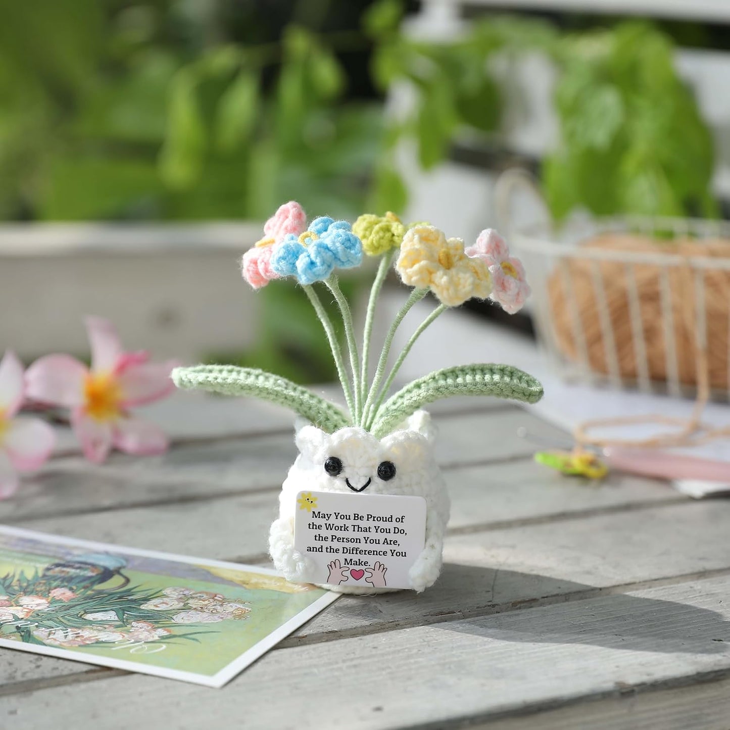 YOOJEE Forget-Me-Not Crochet Flower Potted Plant Gift Handmade Positive Desk Decor with Card - May You Be Proud of The Work That You Do - Appreciation Farewell Retirement Goodbye Gift Coworker Teacher