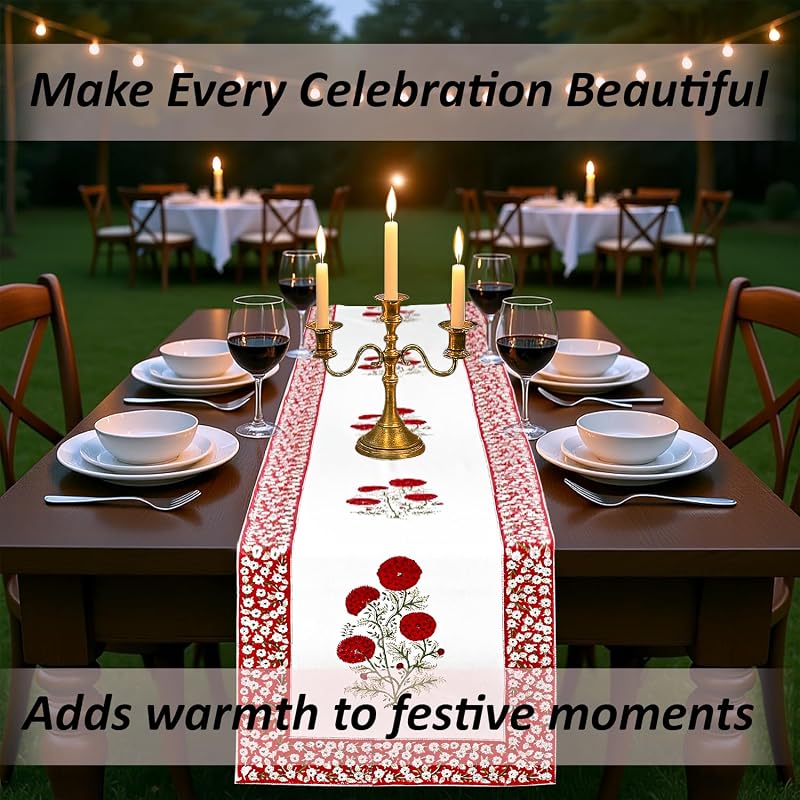 Red and Green Buta Hand Block Print 100% Cotton Table Runner 16x90 Inches - Ridhi