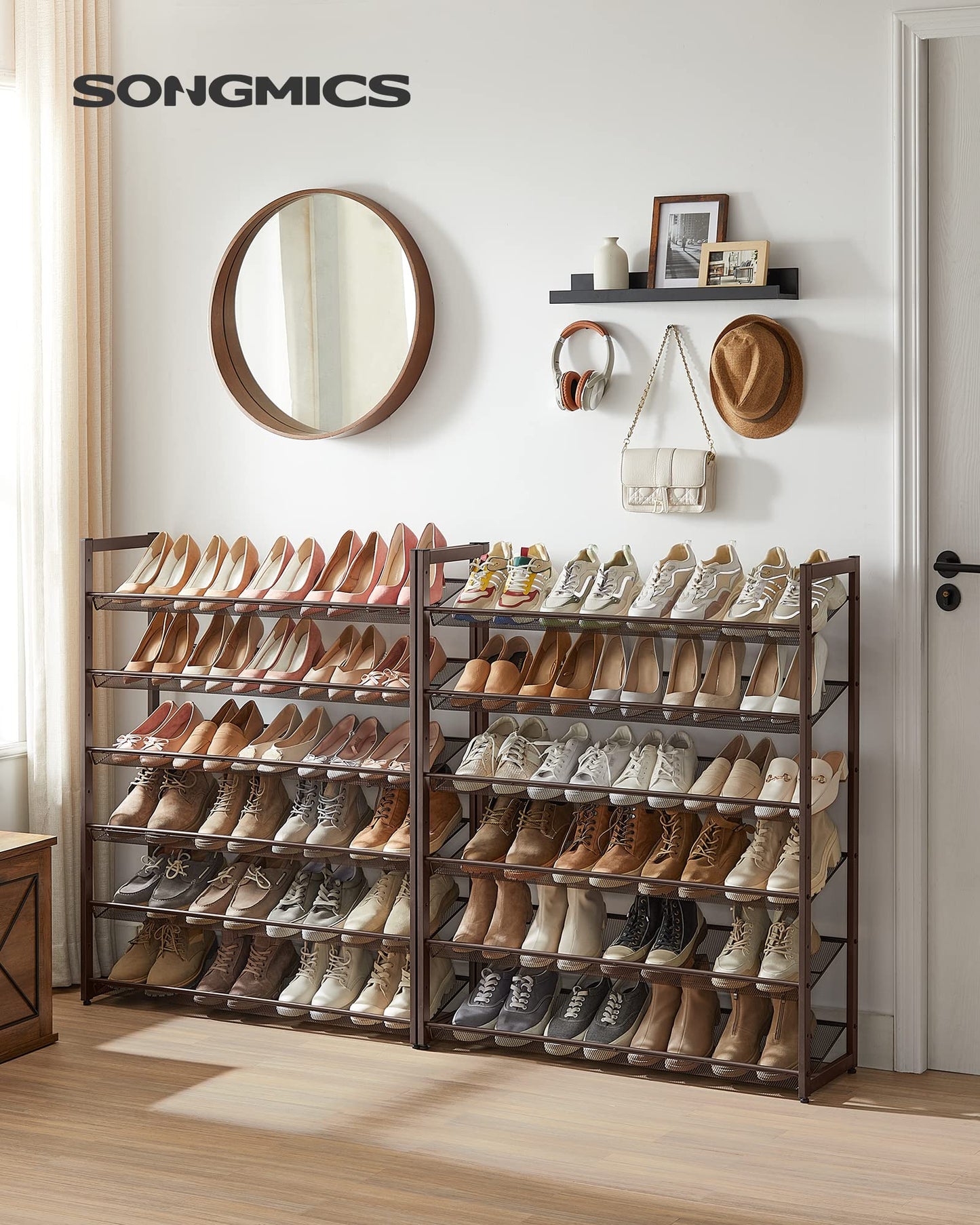 SONGMICS Shoe Rack, 12-Tier Shoe Organizer, Metal Rack for Garage, Set of 2, 6-Tier Stackable Shelf, with Adjustable Flat or Angled Shelves, Holds 48-60 Pairs, Bronze ULMR12A