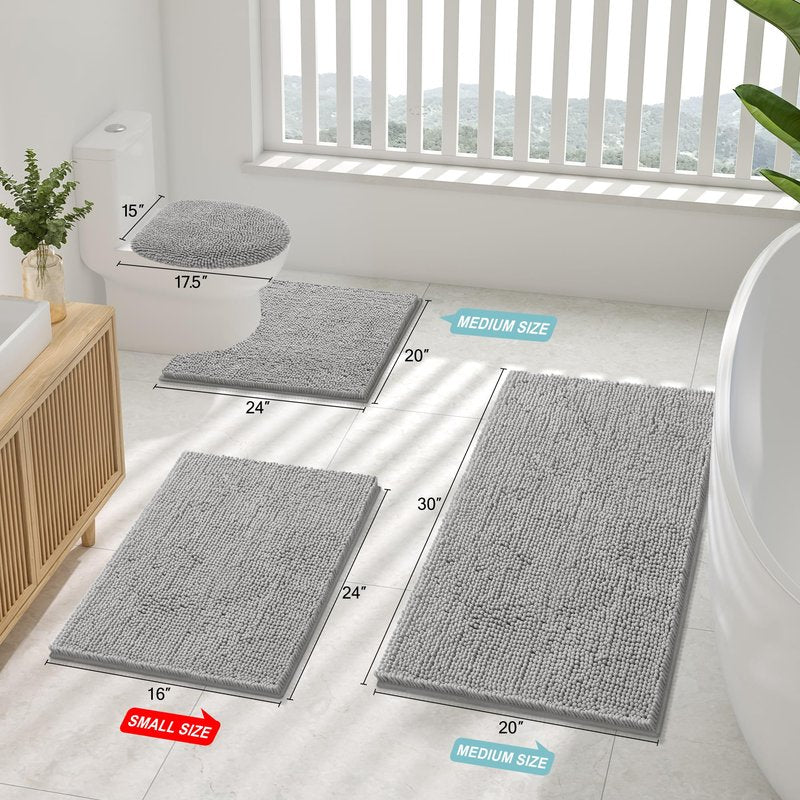 Smiry Bathroom Rugs Sets 2 Piece, Soft Absorbent Chenille Machine Washable Non Slip Shaggy Bath Rug Set for Tub, Shower, and Floor (30x20+24x16, Light Grey)