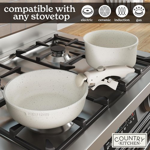 Country Kitchen Cookware Set - Removable Handle, Oven & RV Safe Pots and Pans, Cream Finish