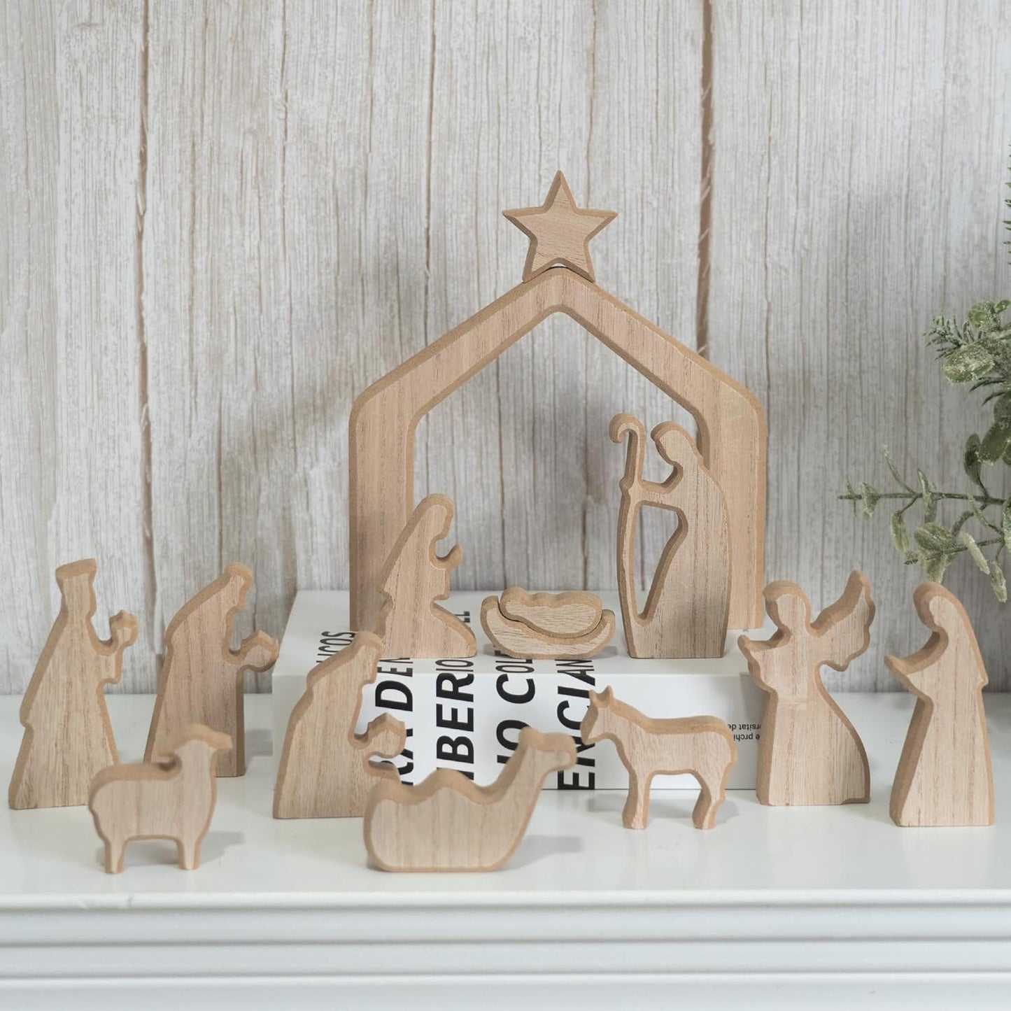 NEROSUN Nativity Scene Set - 13-Piece Wooden Miniature Holy Family Figurines | Minimalist Boho Christmas Decor