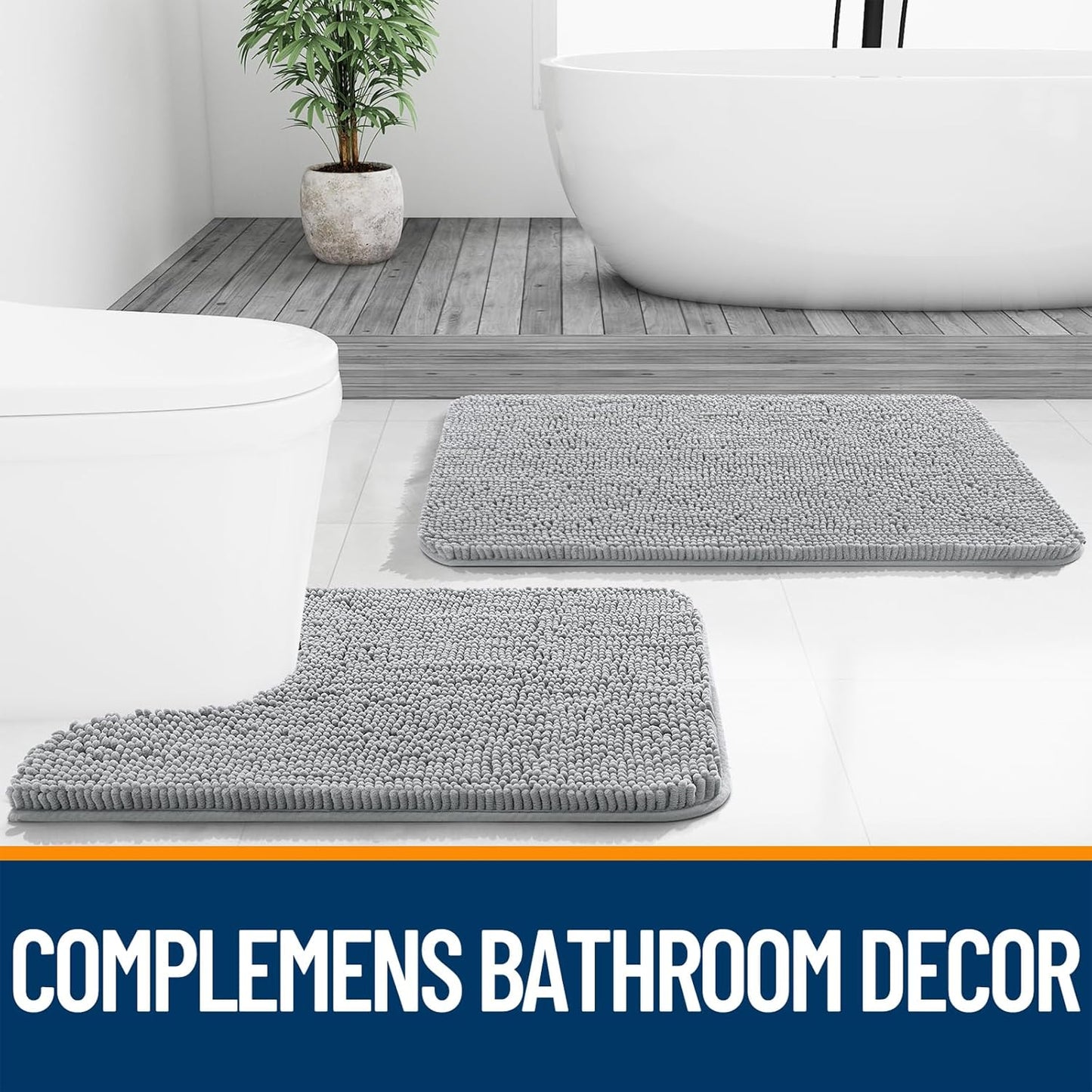OLANLY Bathroom Runner Rugs - Soft Absorbent Chenille with Rubber Backing | 47x17 Inches, Light Grey