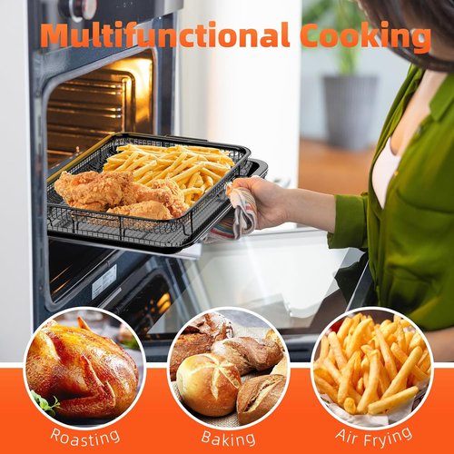 DEGOVIN Air Fryer Pans - Non-Stick Stainless Steel Crisper Tray with Cooking Guide & 30 Parchment Papers | 15.8" x 11" - Black