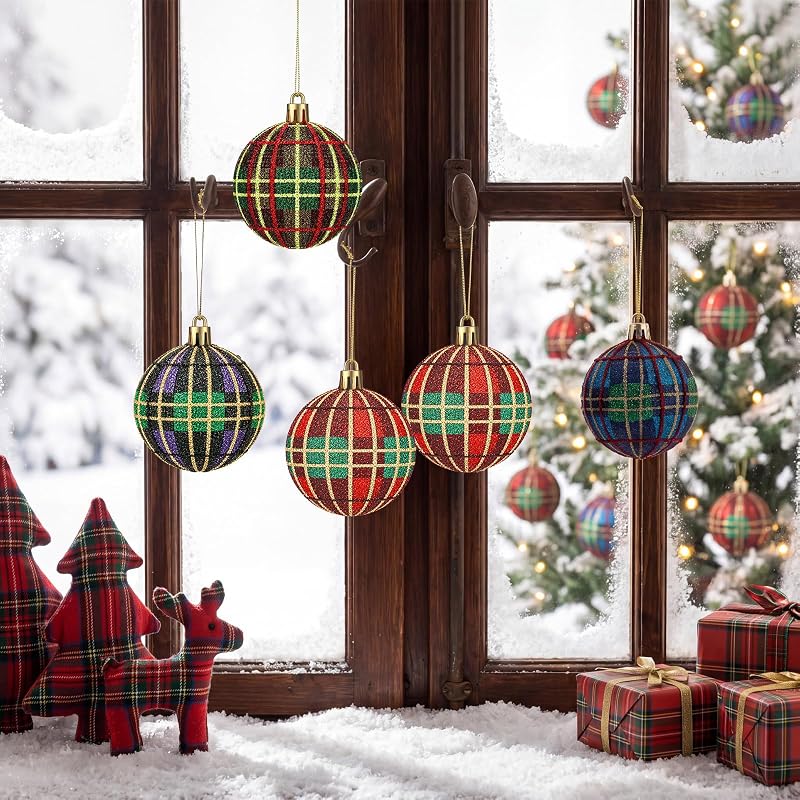 christmas plaid foam ball ornaments, 12pcs, 2.4" - glossy tartan holiday decorations (Plaid variation)