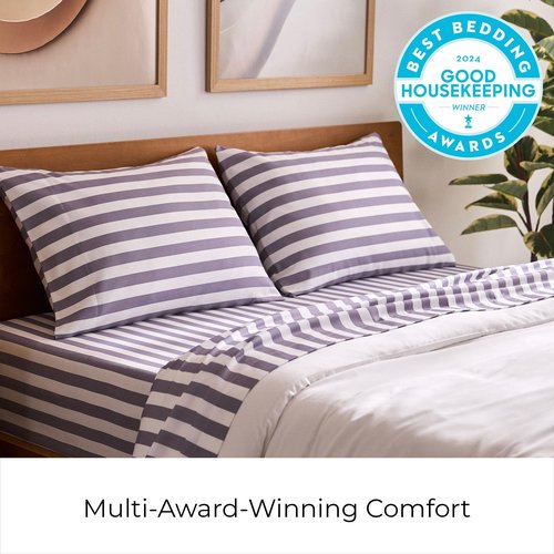 Mellanni King Sheets Set - 4 PC Iconic Collection Bedding - Hotel Luxury, Extra Soft, Cooling Bed Sheets - Wrinkle, Fade, Stain Resistant (King, Oxford Stripe Hazy Lilac)