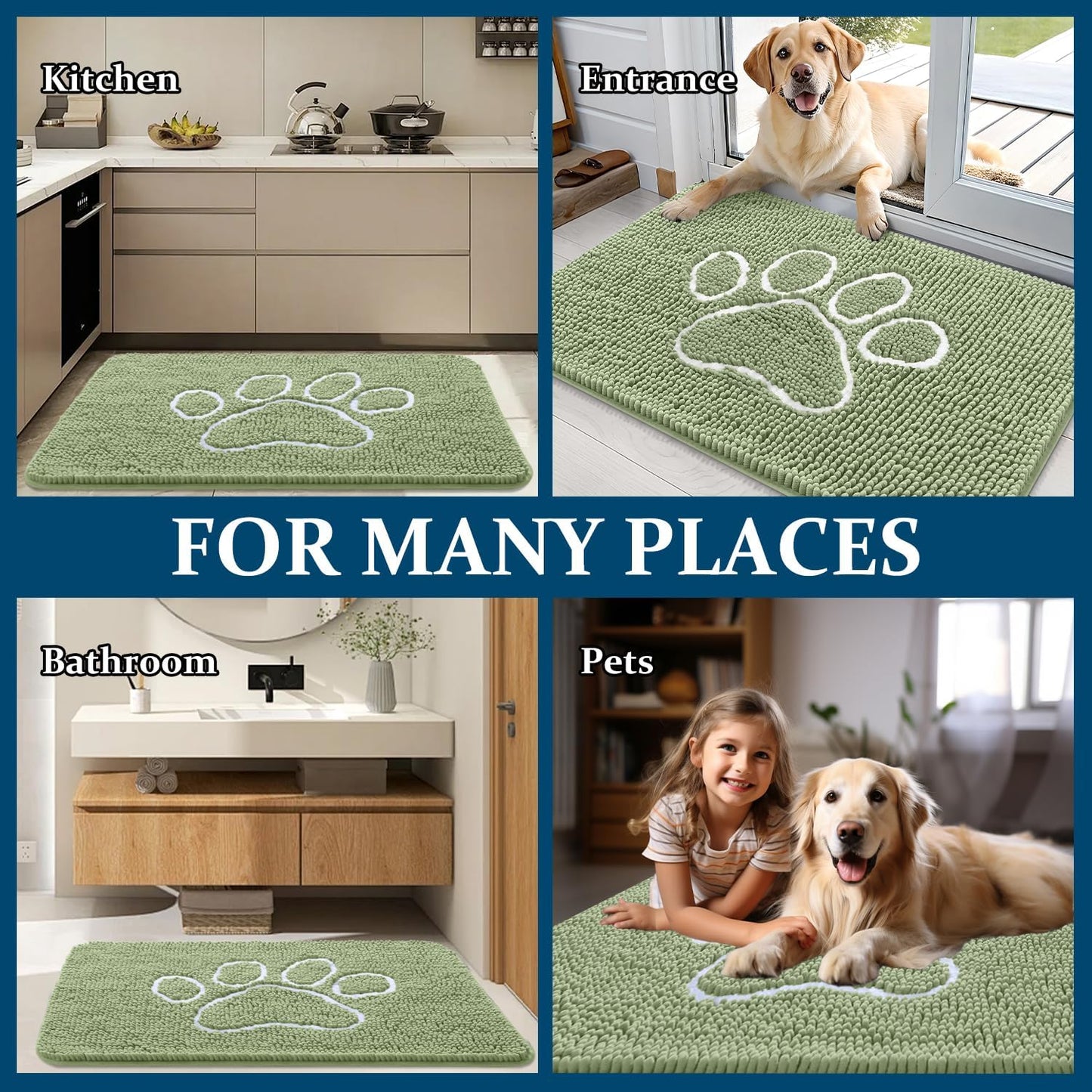 OLANLY Dog Door Mat - Absorbent Muddy Paws Doormat | Non-Slip Chenille, Quick Dry, 47x32, Sage Green