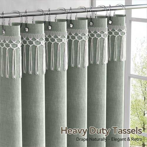 AmazerBath Green Shower Curtains for Bathroom, Boho Farmhouse Shower Curtain with Top Tassels, Sage Green Shower Curtain with 12 Hooks, Faux Linen Fabric Hotel Quality, 72x72 Inches