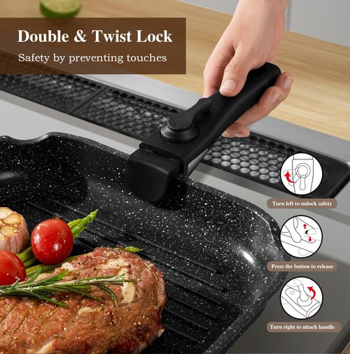 USELUCK 20 Pcs Pots and Pans Set Non Stick, Stackable Cookware Sets with Detachable Handle, Granite Induction RV Kitchen Portable Cooking Set Removable Handles, Dishwasher & Oven Safe, Black