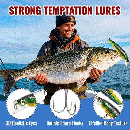 24-Piece Fishing Lures Kit - Premium Bait Set with Poppers, Minnows, Crankbait & Frogs for Freshwater & Saltwater