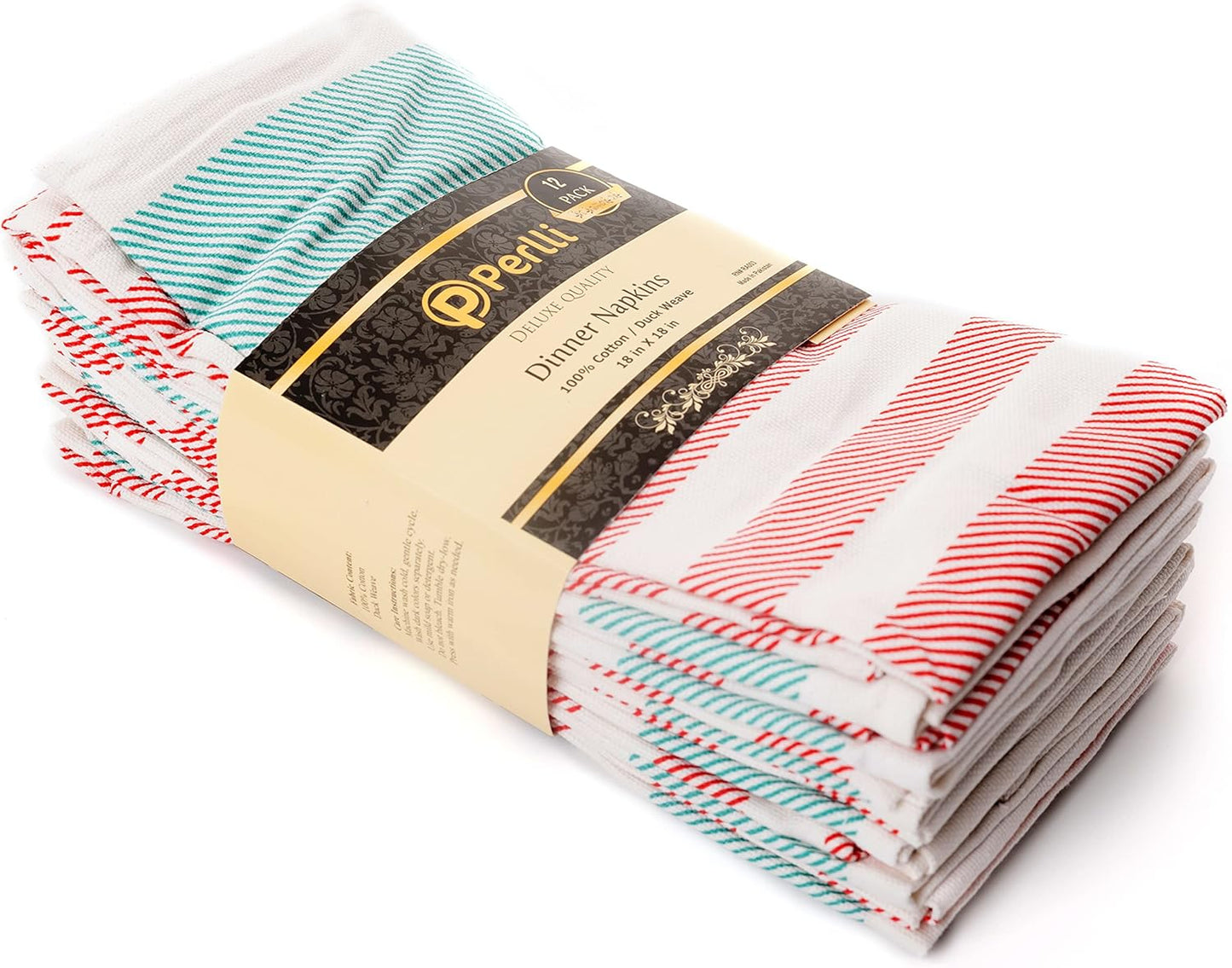 PERLLI Christmas Kitchen Cloth Napkins - 12 Pack 100% Cotton, 18x18 Inches | Washable Red, White & Green Table Linens