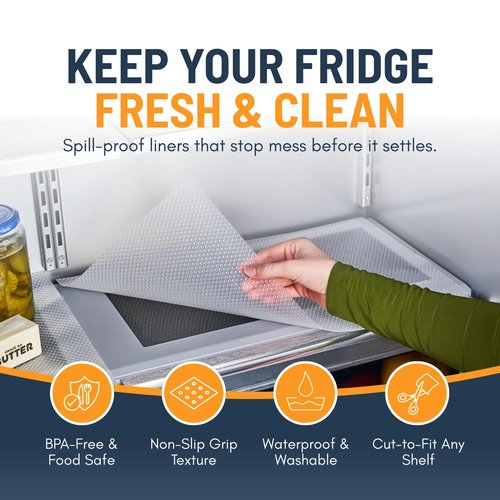 Refrigerator Liners for Shelves (8 Pack) by Linda’s Essentials - Non-Adhesive Drawer and Shelf Liner, BPA-Free Fridge Mats for Kitchen & Cabinets, Easy to Clean, Ideal Household Essentials (Clear)