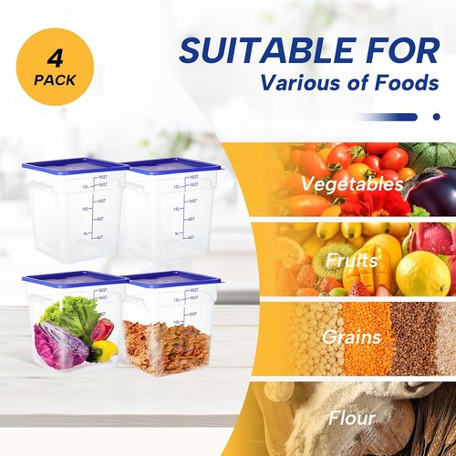 Clear NSF Food Storage Containers - 4 Pack, 18 Quart Square Polycarbonate with Lids & Scale