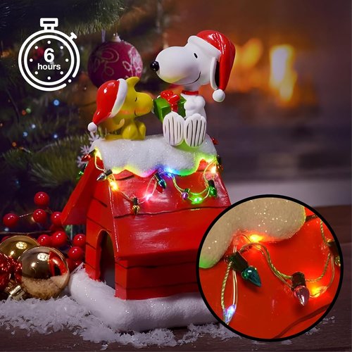 Mark Feldstein Peanuts Snoopy's Dog House Figurine - LED Christmas Lights | 7.5 Inch Red Decor