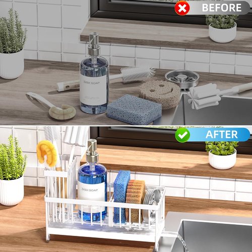 Cisily Kitchen Sink Caddy Organizer - Rustproof 304 Stainless Steel Sponge Holder | White, 9.25”