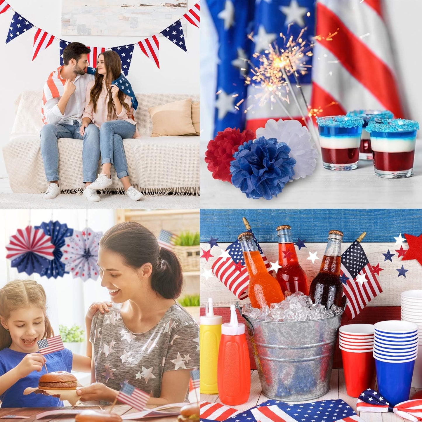 Whaline 4th of July Party Decorations Set - 14Pcs Patriotic Red, White & Blue USA Flag Banners & Pom Poms