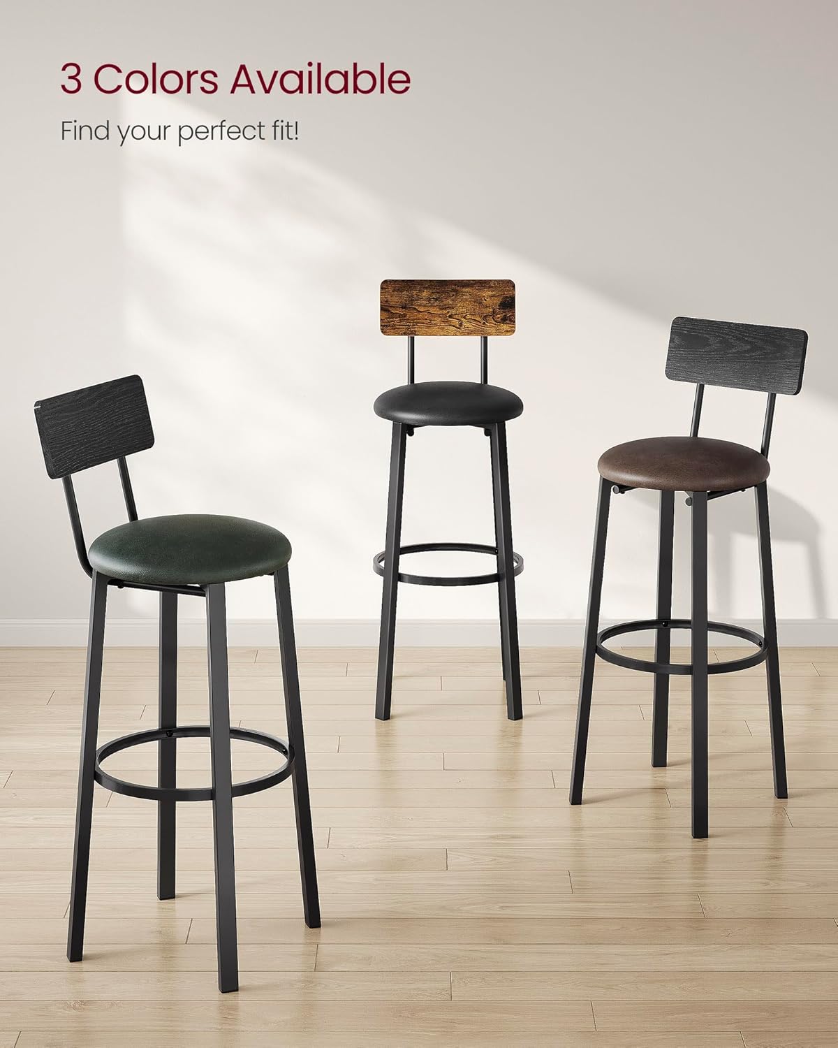 VASAGLE Bar Stools - Set of 2 PU Upholstered Breakfast Stools with Back & Footrest | Rustic Brown & Black, 29.7 Inches