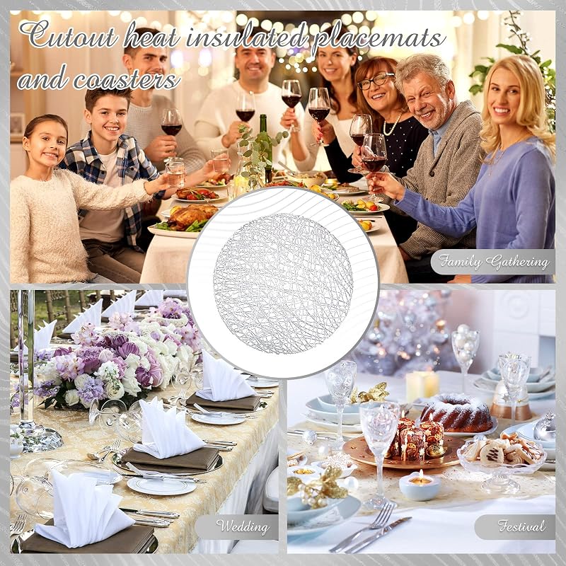 Sieral 24-Pack 15-Inch Silver Round Placemats with Hollow-Out Vinyl Pattern - Variation: Silver+24