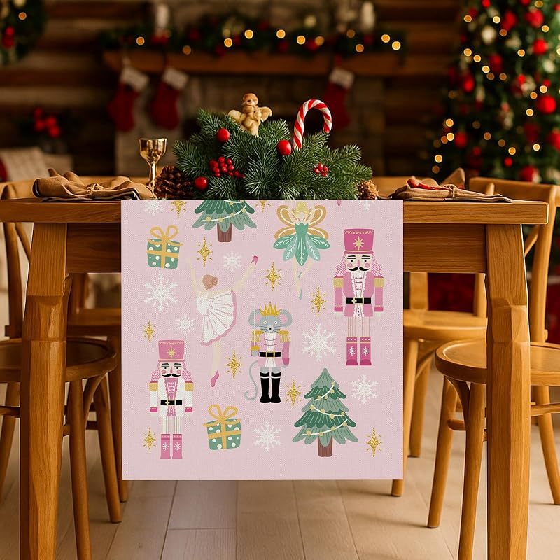 Pastel Pink Christmas Table Runner 13 x 108 Inches - Nutcracker Themed Festive Linen (Variation: 13'' x 108'')