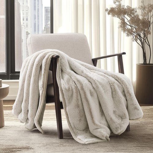 EVERGRACE Ultra Soft Luxury Fluffy Mink Faux Fur Throw Blanket, Thick Warm Fall Winter Blankets for Bed, Couch, Cozy Plush Reversible Blanket for Chair, Sofa (Tipped Champagne Ivory, 60"x80")