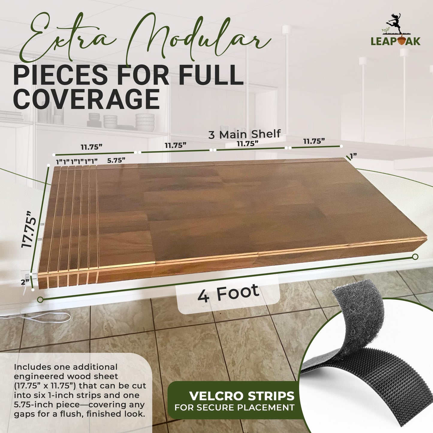 LEAPOAK Wire Shelf Cover - Adjustable Engineered Wood Panels with Extra Modular Pieces - Custom Fit for Pantry, Closet, & Kitchen Wire Shelving - Velcro Secures in Place - Smooth Finish (Light Wood)