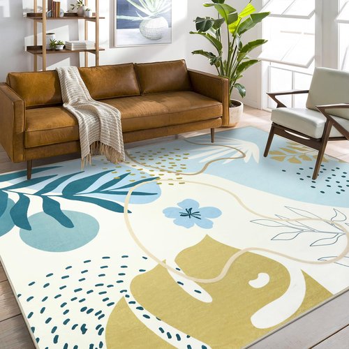 Capslpad Area Rugs 8x10, Boho Rug for Living Room, Washable Rugs, Low Pile Soft Non-Shedding, Blue Botanical Print Rug for Bedroom, Office, Classroom, Nursery, Dining Room